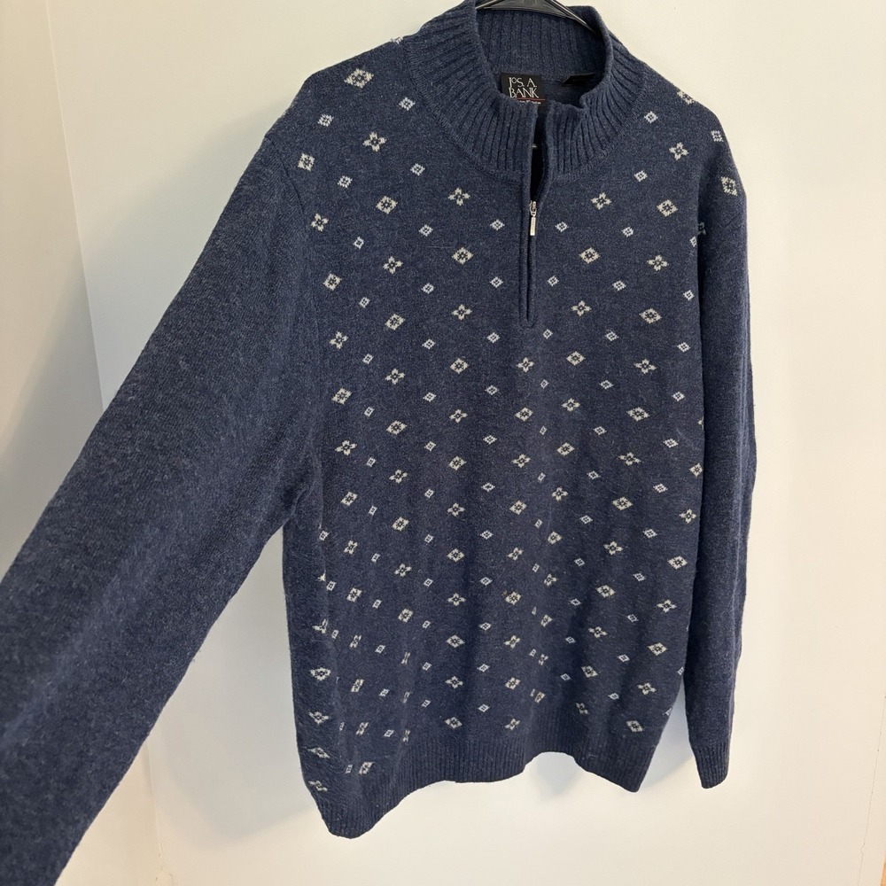 Jos. A. Bank Lambswool Wool Blend 1/4 Zip Pull Over Sweater XL Navy & White‎